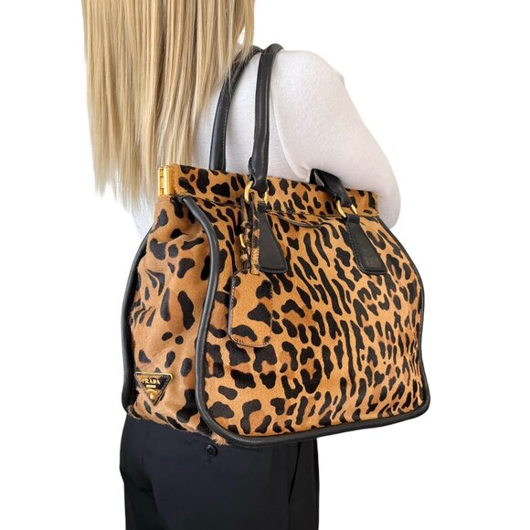PRADA Vintage Logo Leopard Shoulder Tote Bag Camel Black Calf Hair  [103974] - Picture 1 of 14